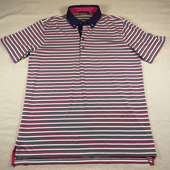 Greyson Polo Shirt Mens Large Pink Green Striped Golf Performance Short Preppy - Picture 7 of 9